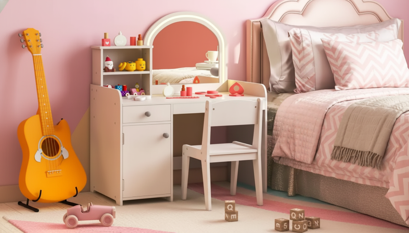 Kids Vanity Set: Lighted Mirror, Storage, Desk + Chair