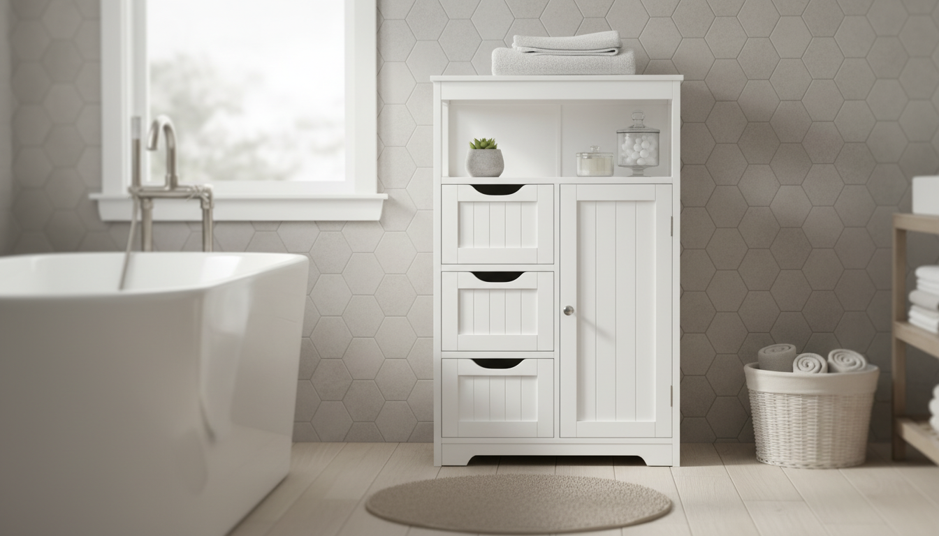 Wood Bathroom Floor Cabinet: 3 Drawers + 1 Door Storage